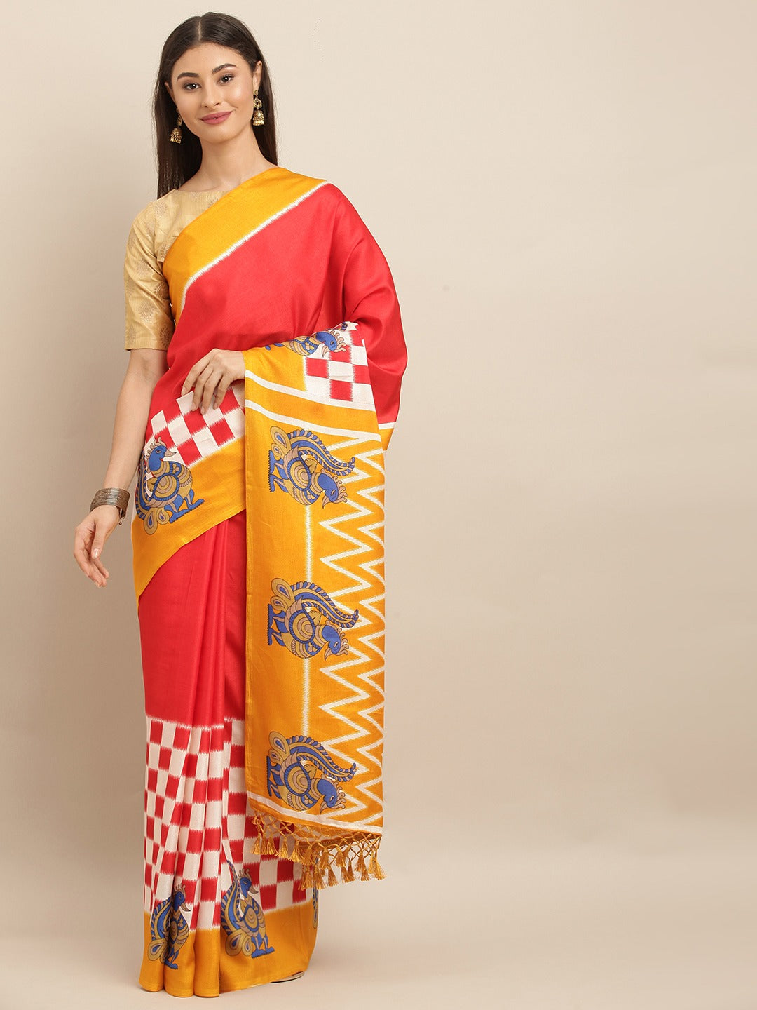 Ikat Linen Red Colour Saree With Ethnic Motifs Printed 