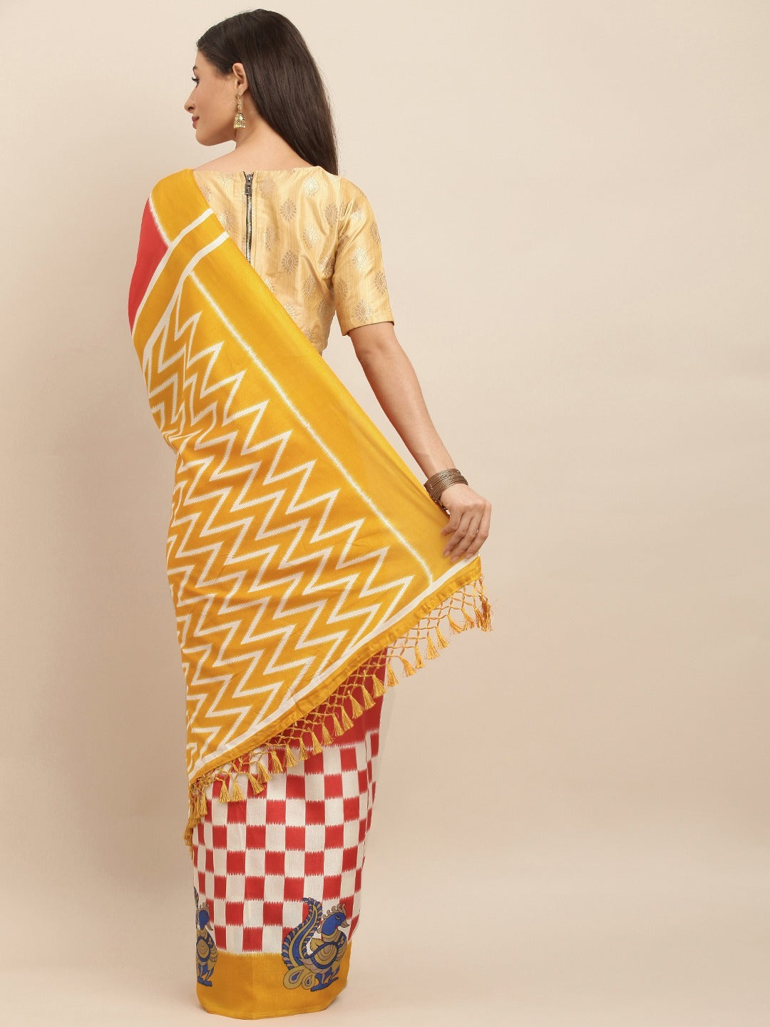 Ikat Linen Red Colour Saree With Ethnic Motifs Printed 