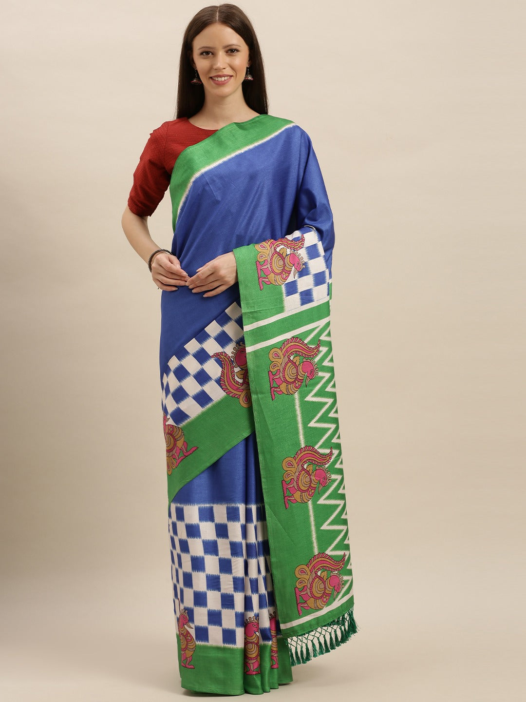 Exclusive Ikat Linen Blue Colour Printed Saree 