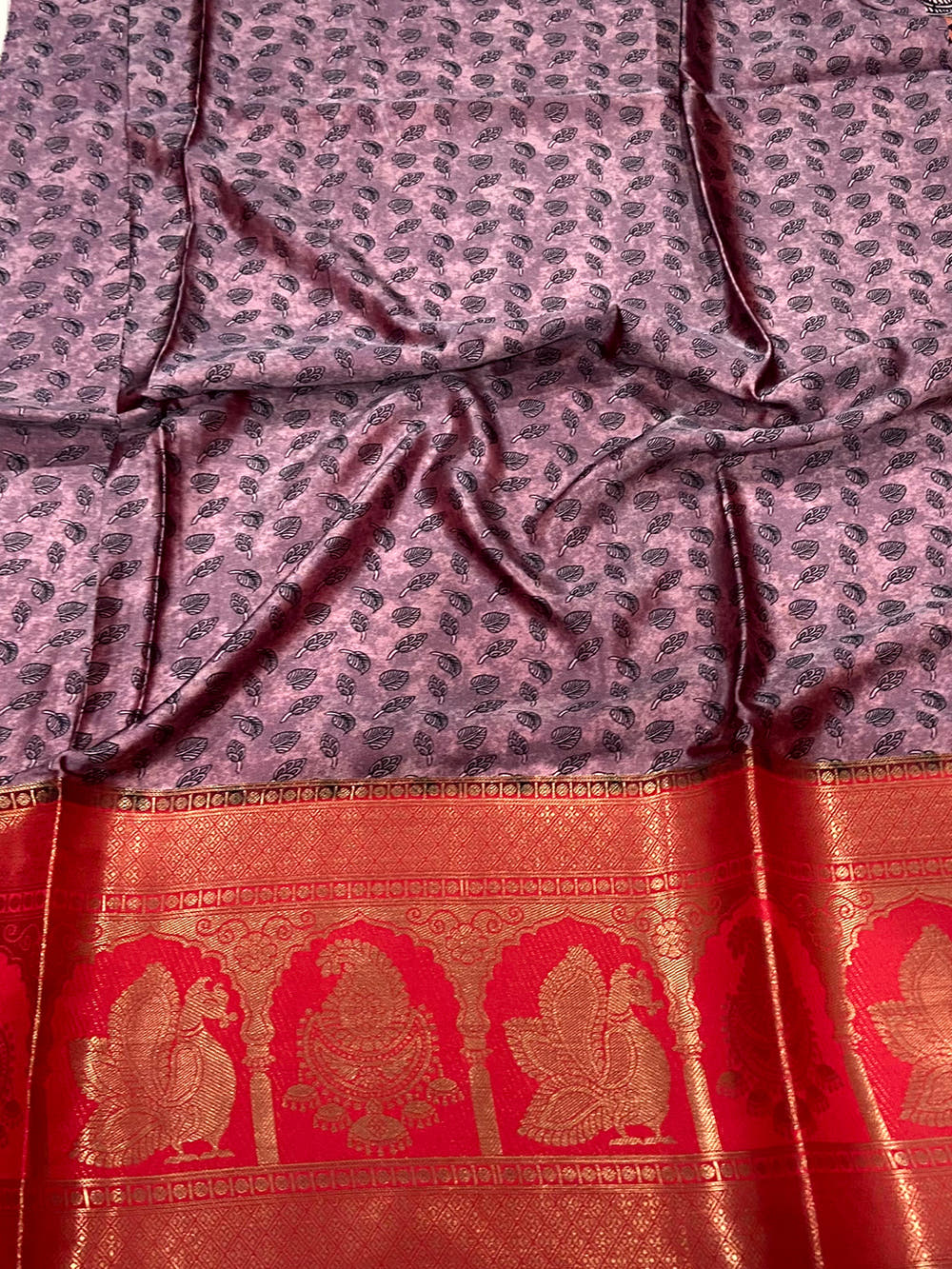 Charry Satin Silk Kalamkari Saree