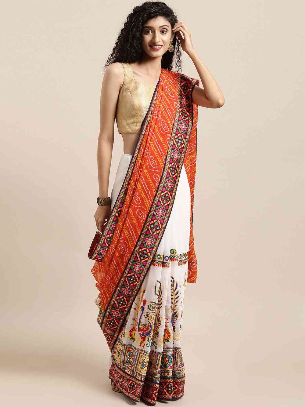 Royal Orange Colour Katchi Embroidery Festive Wear Saree 