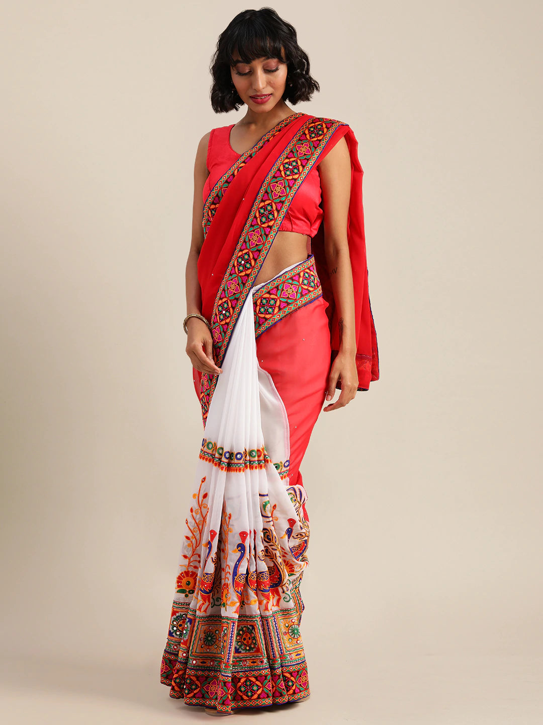 Red Colour Poly Georgette Saree With Katchi Embroidery Work