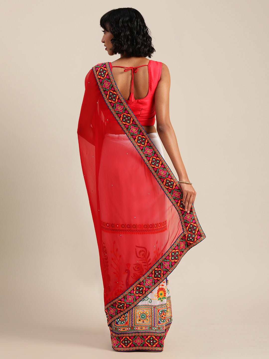 Red Colour Poly Georgette Saree With Katchi Embroidery Work