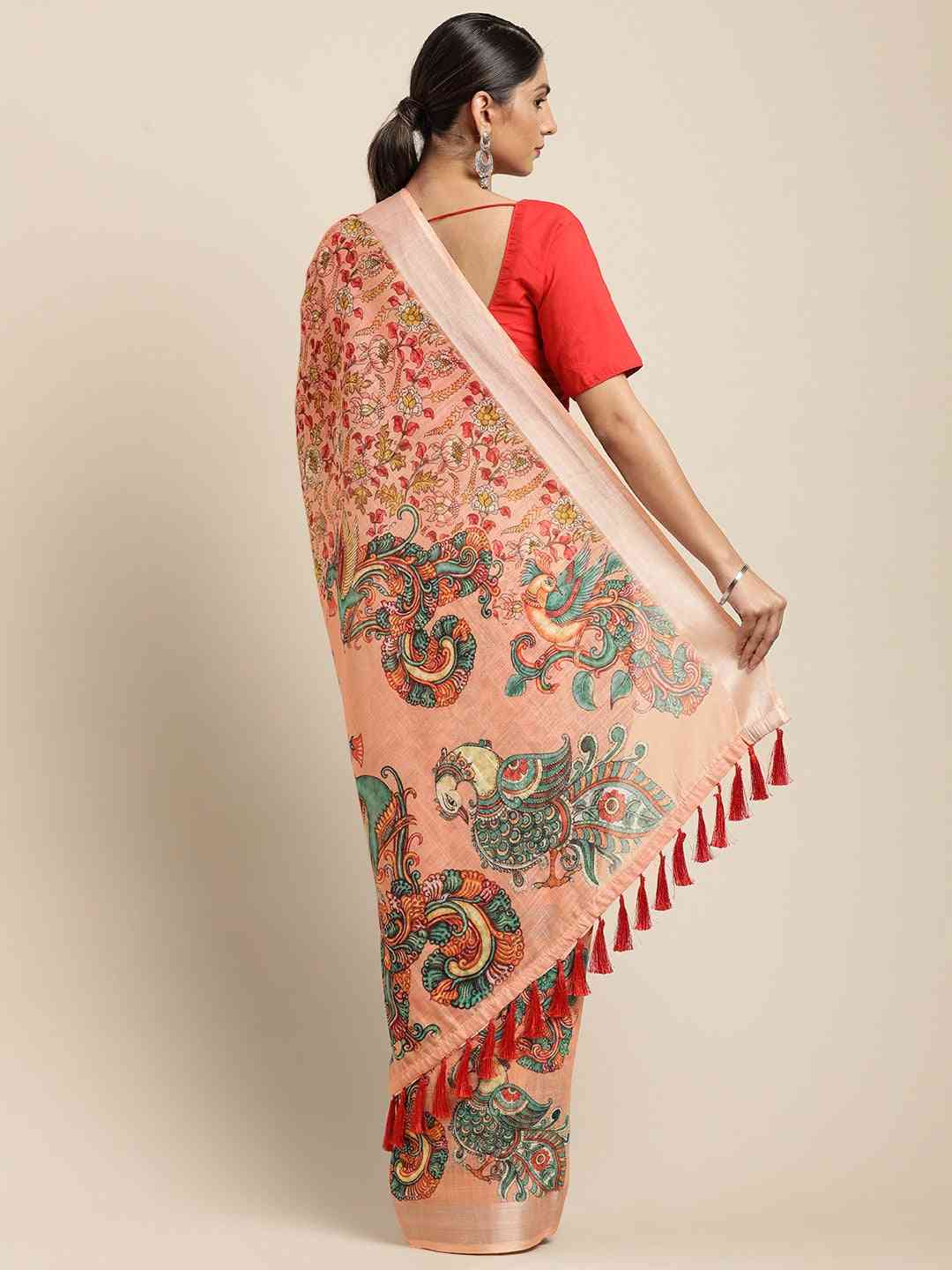 Orange Digital Print Kalamkari Linen Saree