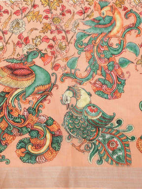 Orange Digital Print Kalamkari Linen Saree