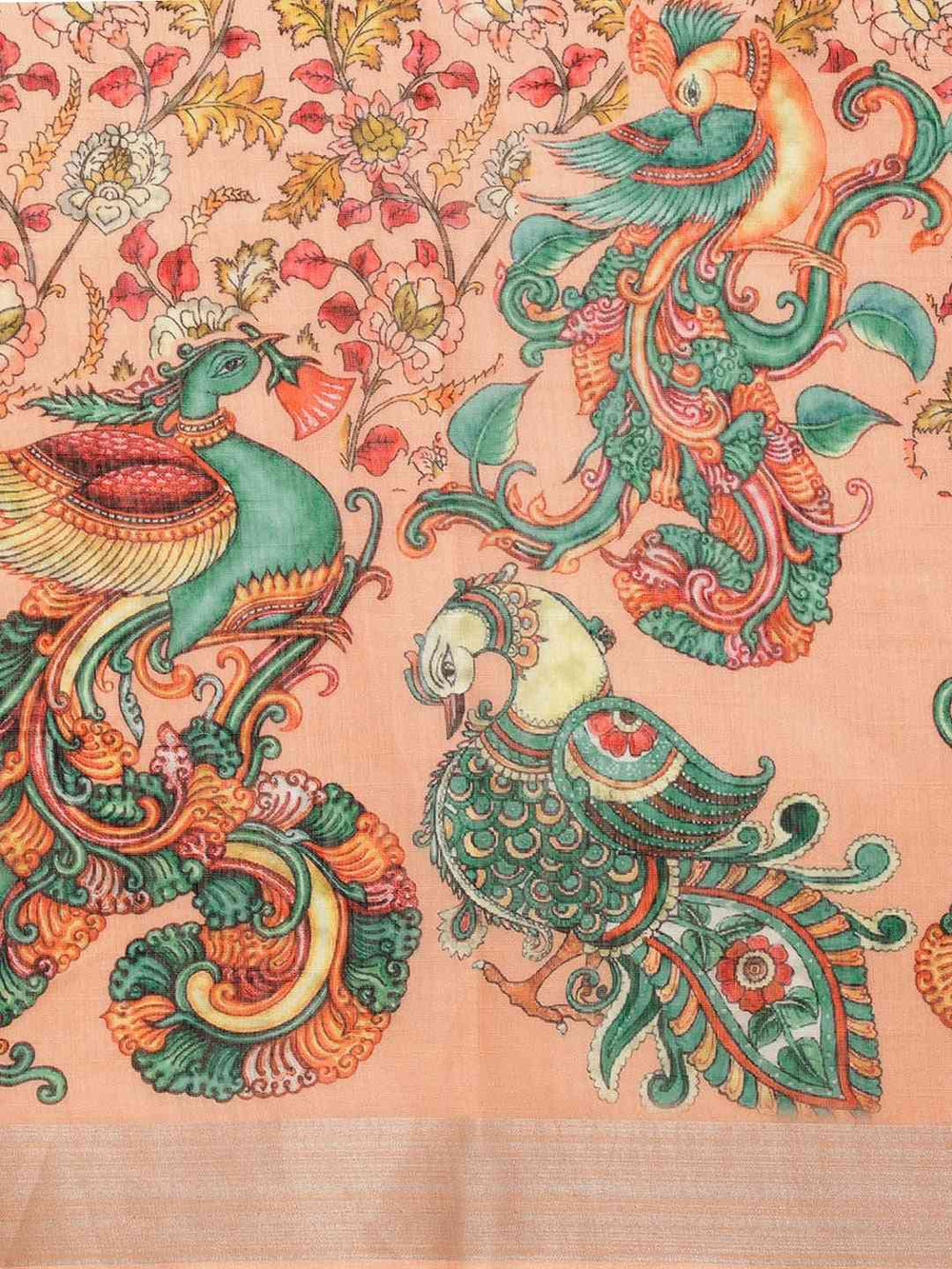 Orange Digital Print Kalamkari Linen Saree