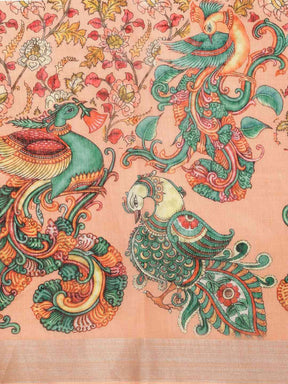 Orange Digital Print Kalamkari Linen Saree