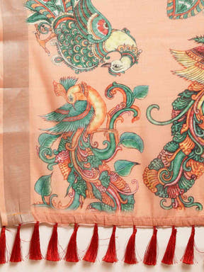 Orange Digital Print Kalamkari Linen Saree