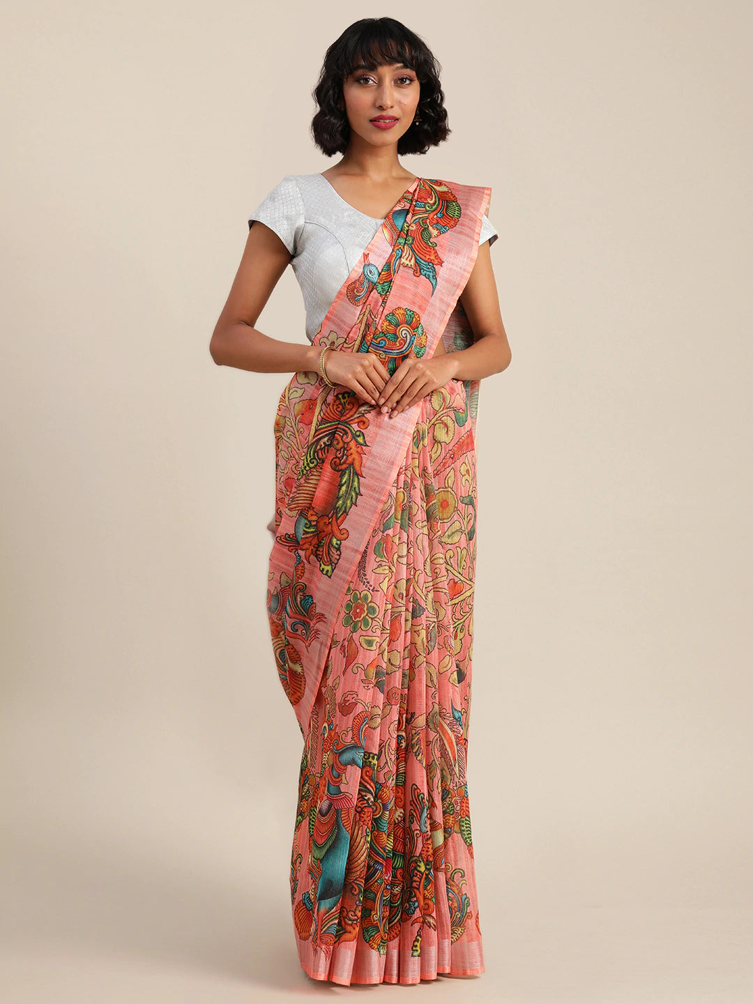 Stylish Kalamkari Pink Colour Linen Print Banarasi Saree