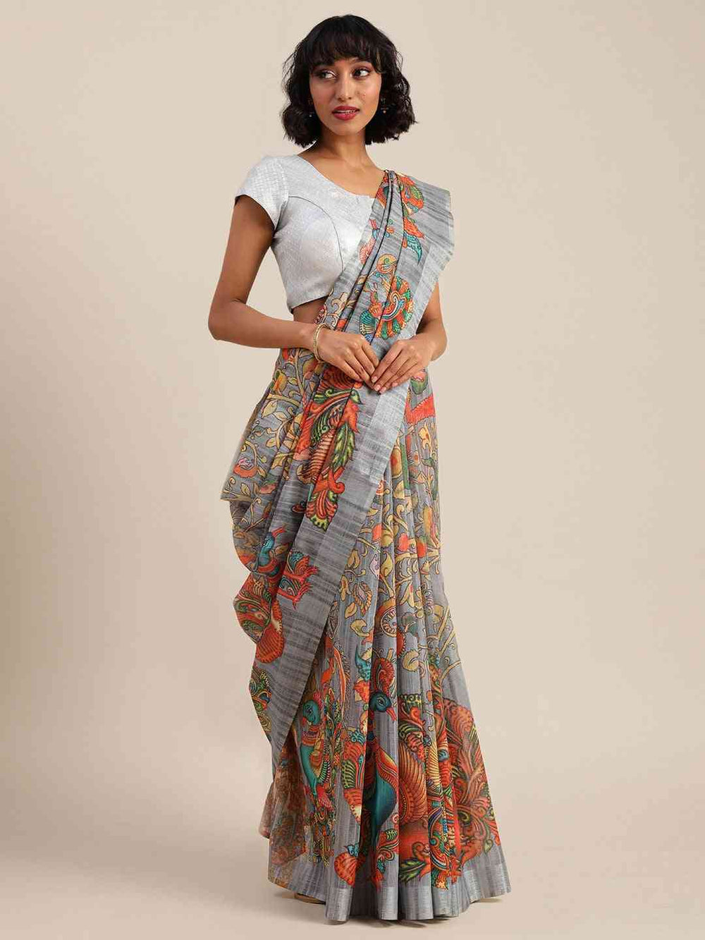 Kalamkari Grey Colour Linen Banarasi Saree