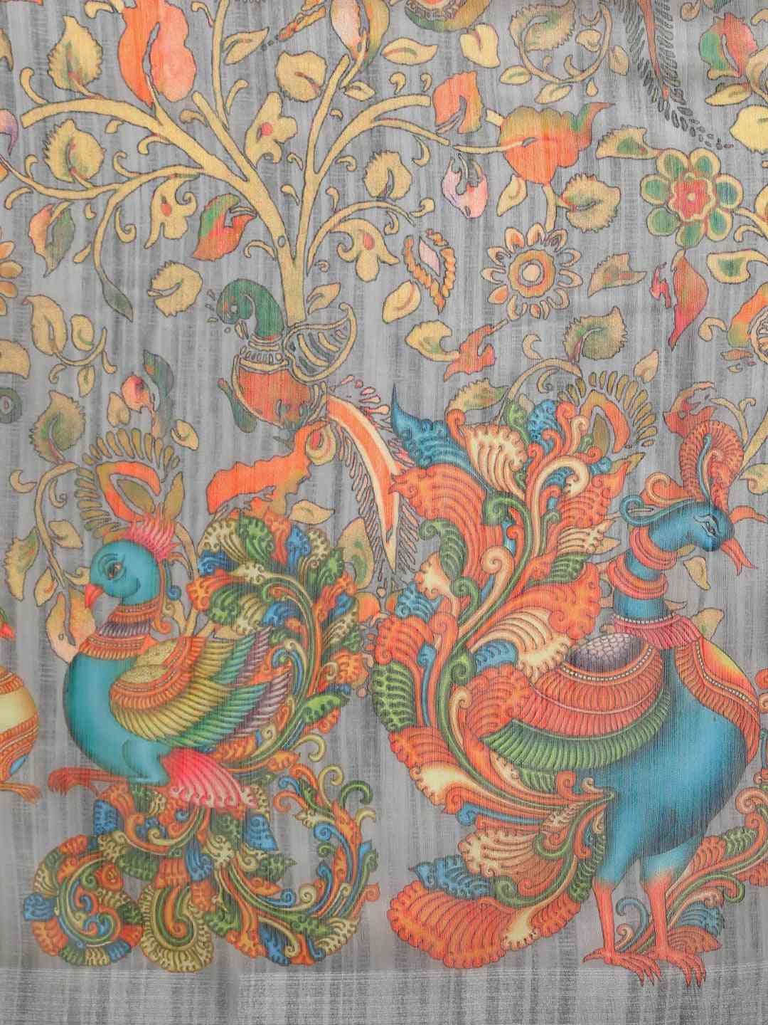 Kalamkari Grey Colour Linen Banarasi Saree
