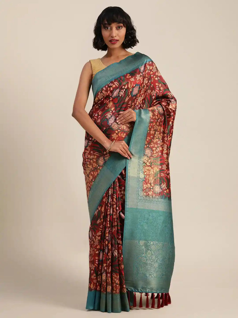  Kalamkari Printed Maroon Colour Saree with Zari Border