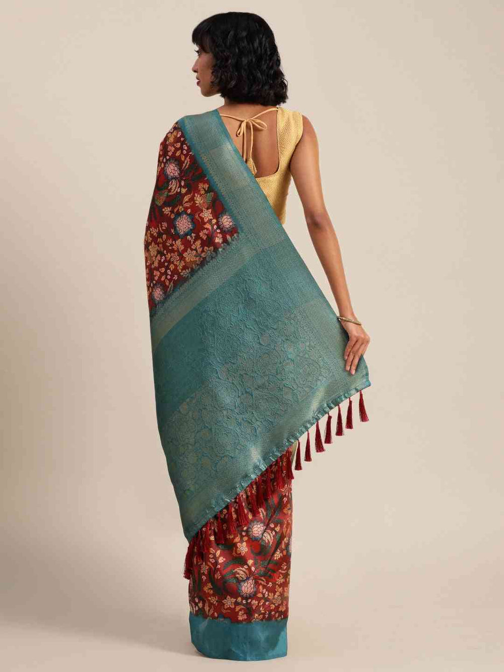  Kalamkari Printed Maroon Colour Saree with Zari Border