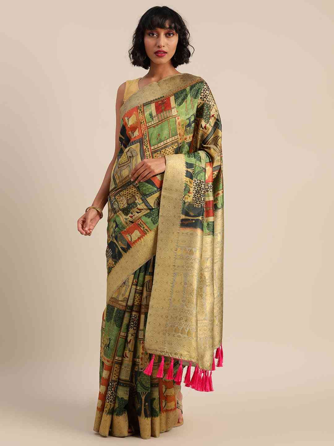  Green Colour Kalamkari Printed Saree With Zari Border