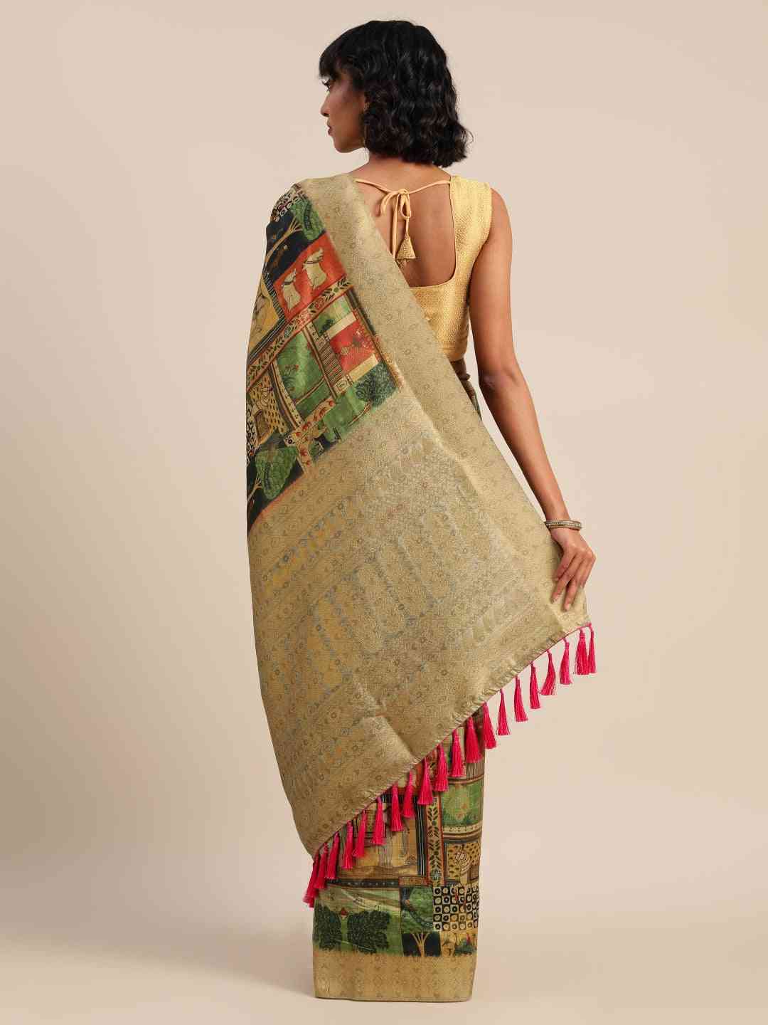  Green Colour Kalamkari Printed Saree With Zari Border