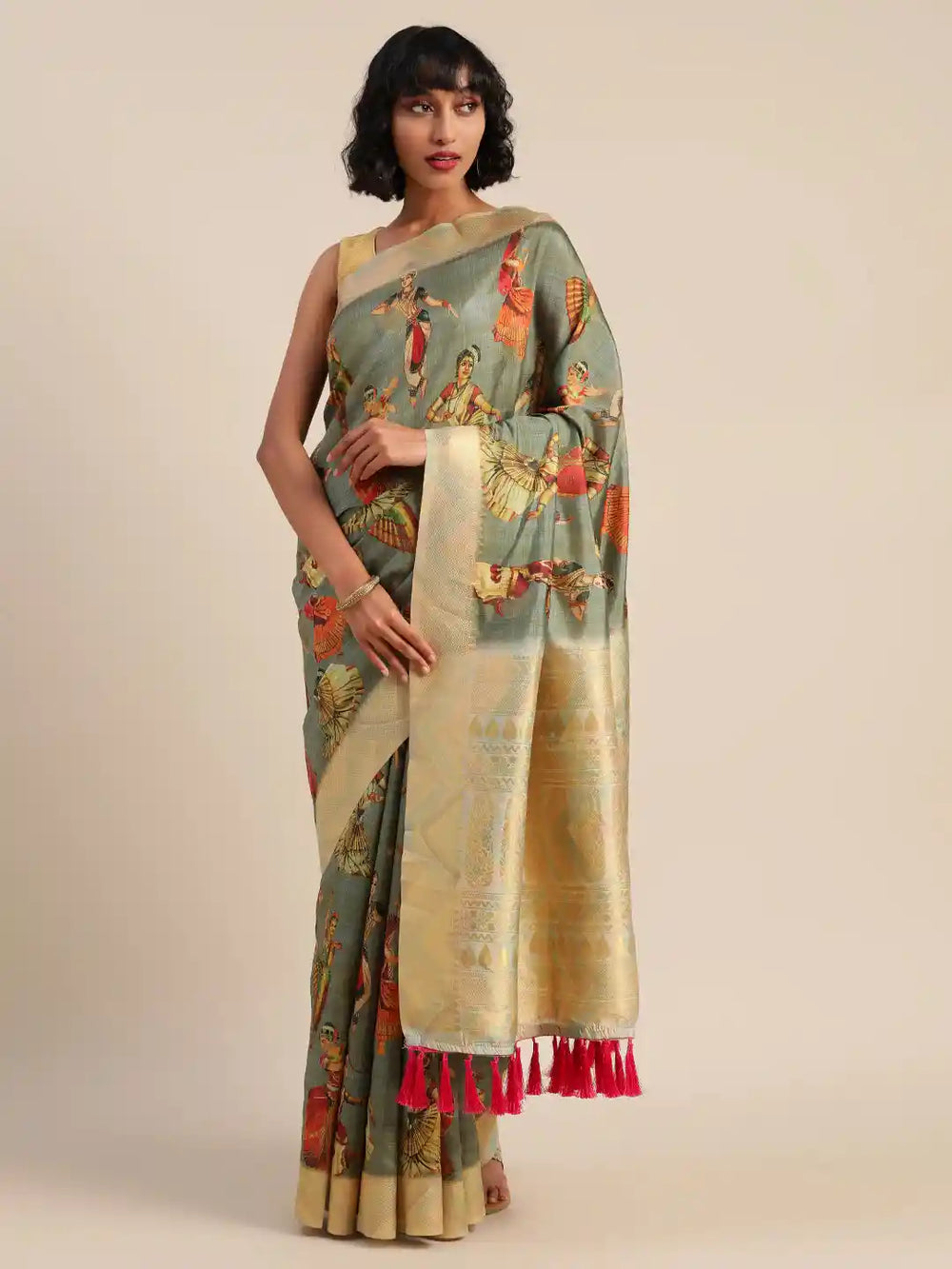 Kalamkari Light Green Colour Printed Saree with Zari Border