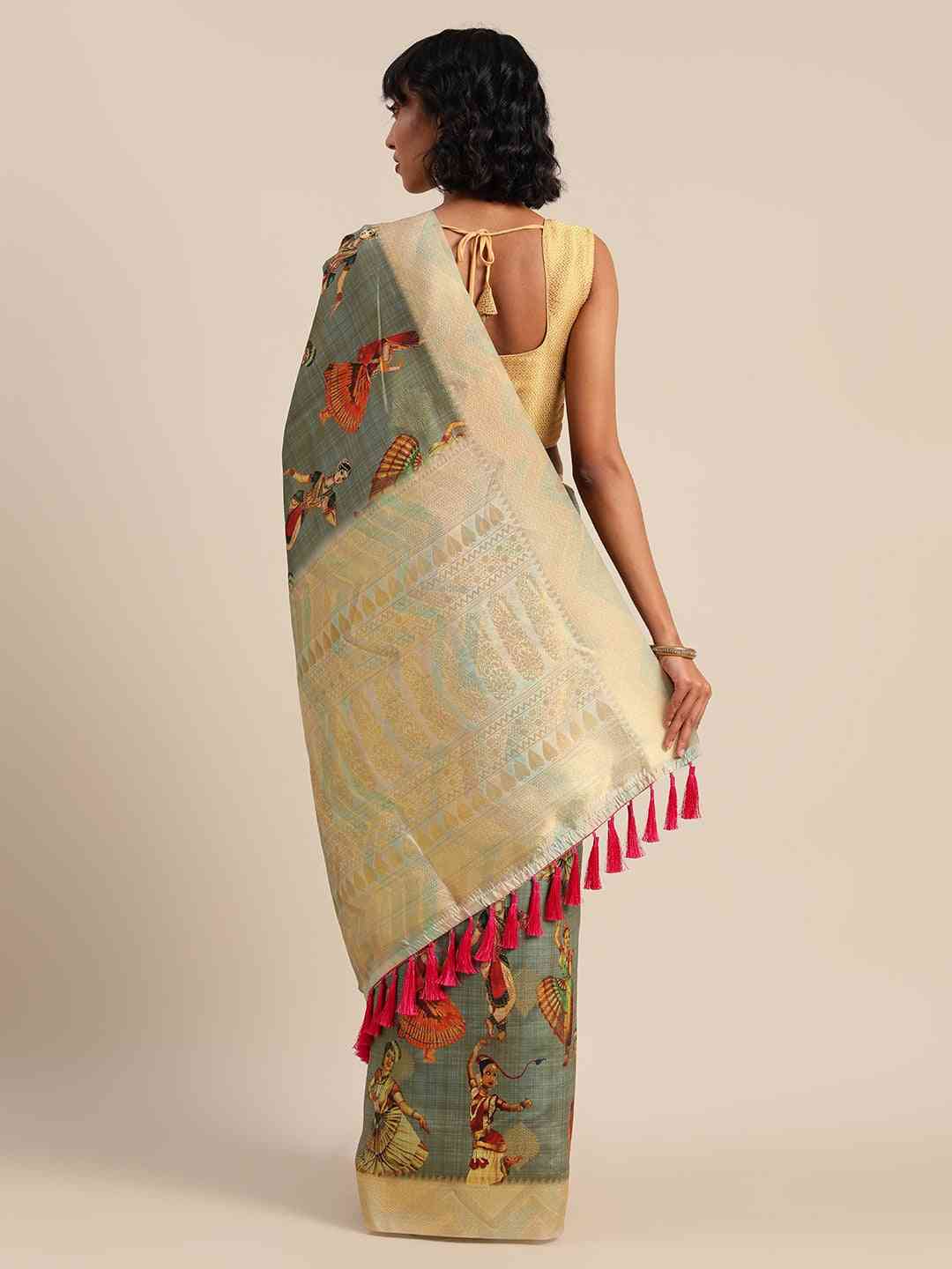 Kalamkari Light Green Colour Printed Saree with Zari Border