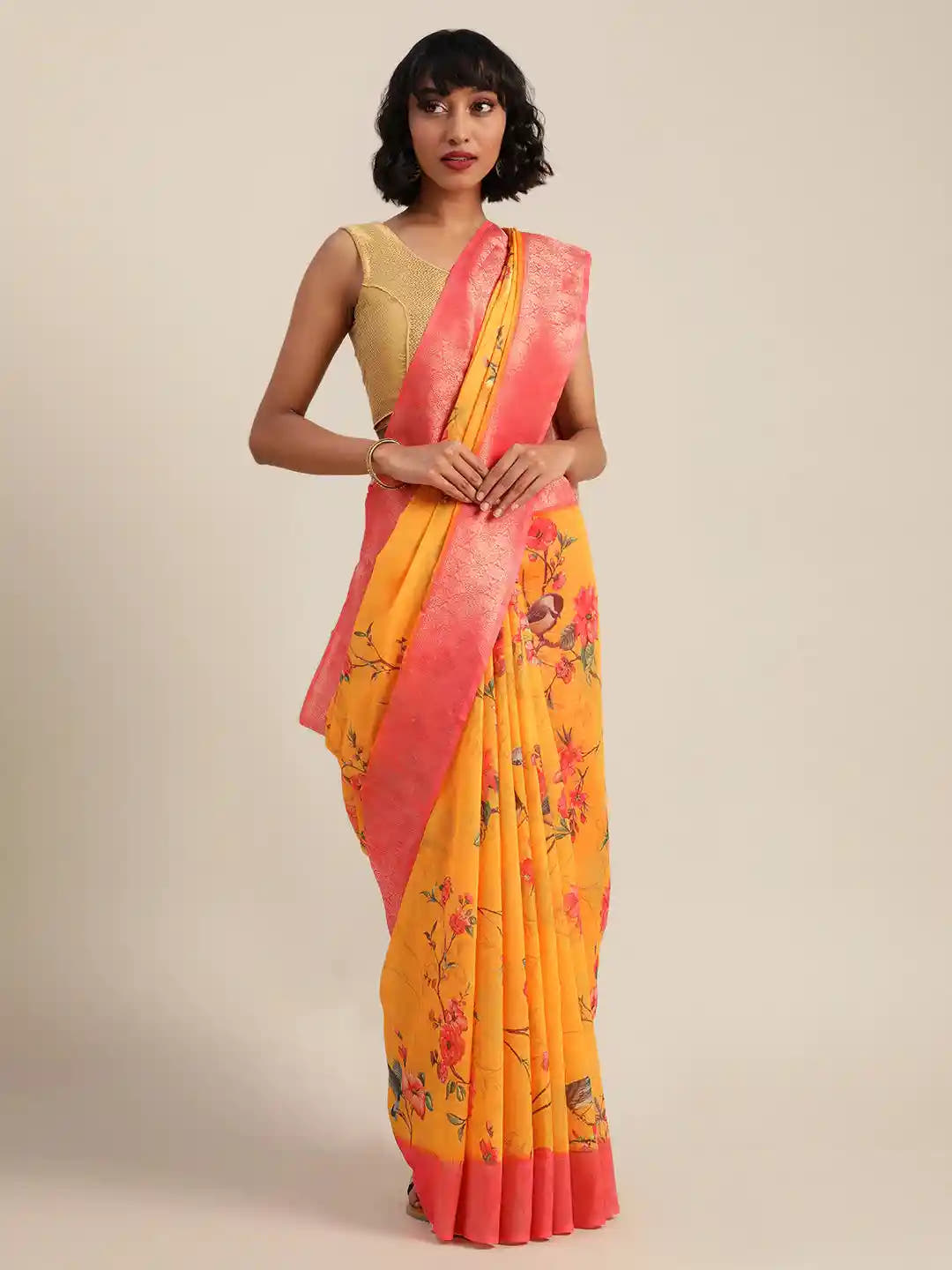  Kalamkari Printed Orange Colour Saree with Zari Border 