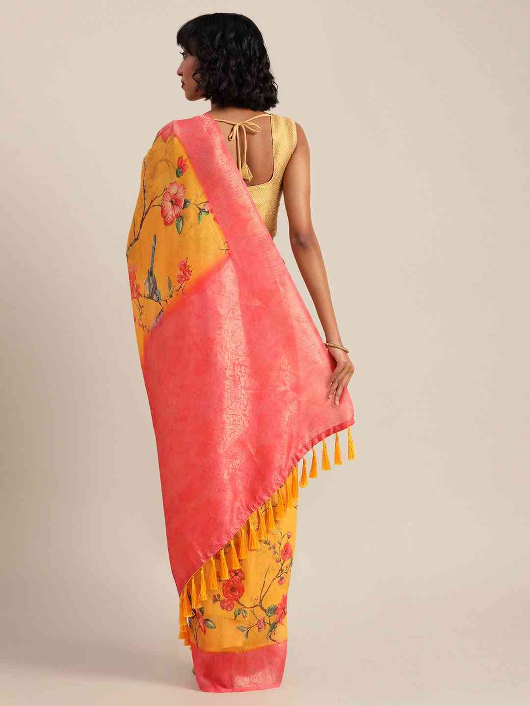  Kalamkari Printed Orange Colour Saree with Zari Border 