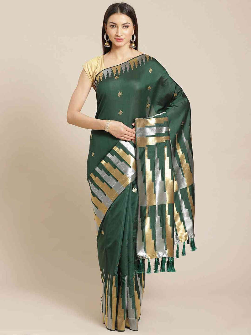 Stylish Dark Green Colour Ethnic Motifs And Zari Silk Banarasi Saree