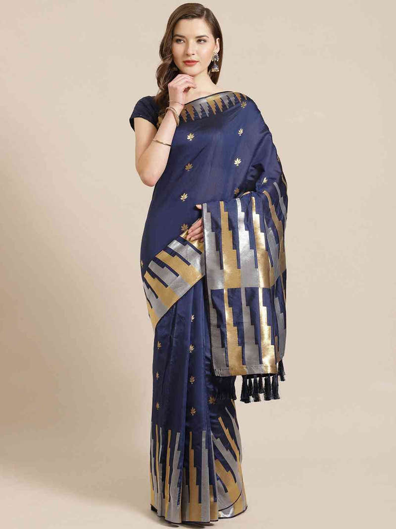 Stylish Navy Colour Ethnic Motifs And Zari Silk Banarasi Saree