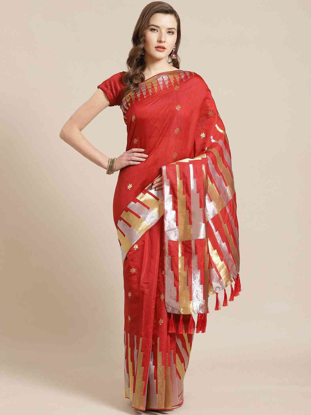 Stylish Red Colour Ethnic Motifs Zari Banarasi Silk Saree