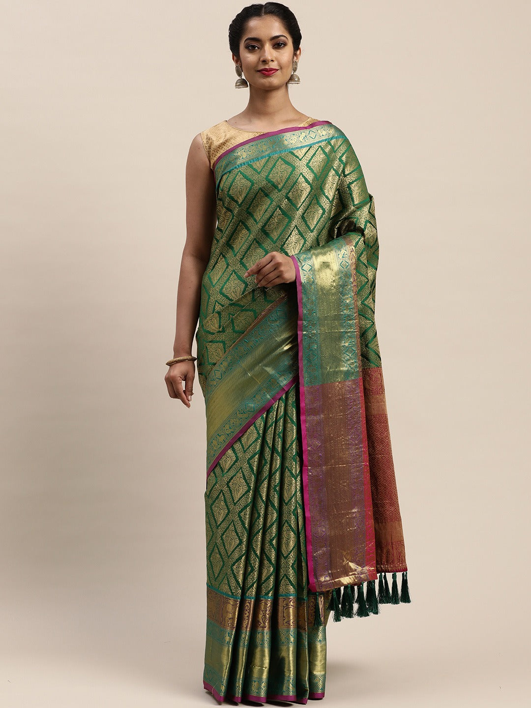 Banarasi Green Colour Silk Cotton Saree With Woven Design 