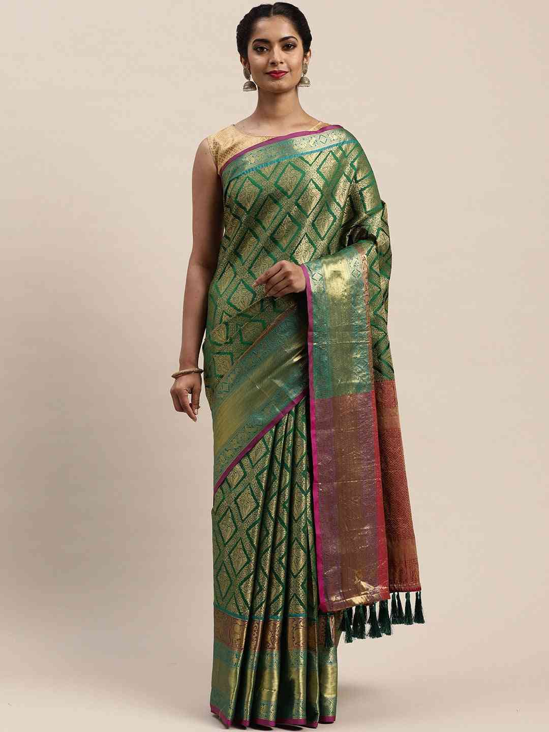 Banarasi Green Colour Silk Cotton Saree With Woven Design 