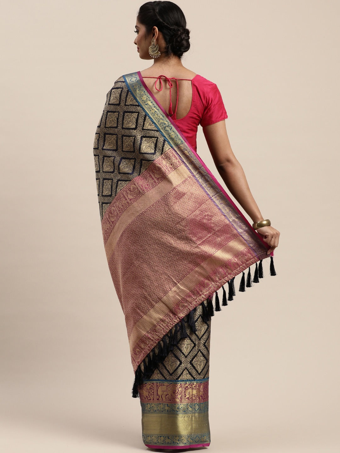 Stylish Banarasi Silk Cotton Woven Saree in Navy Colour 