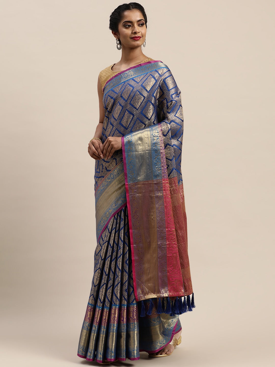  Banarasi Silk Cotton Saree in Royal Blue Colour