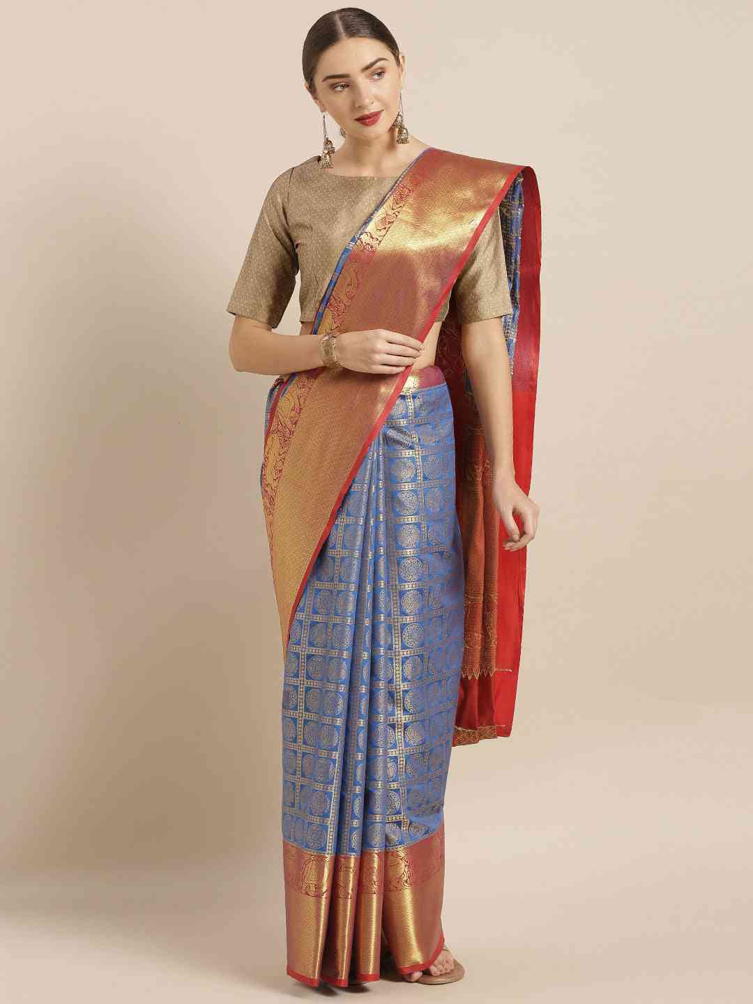 Stylish Kanjivaram Geometric Print Royal Blue Silk Saree