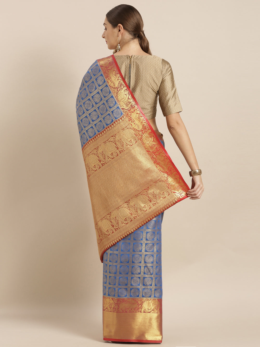Stylish Kanjivaram Geometric Print Royal Blue Silk Saree