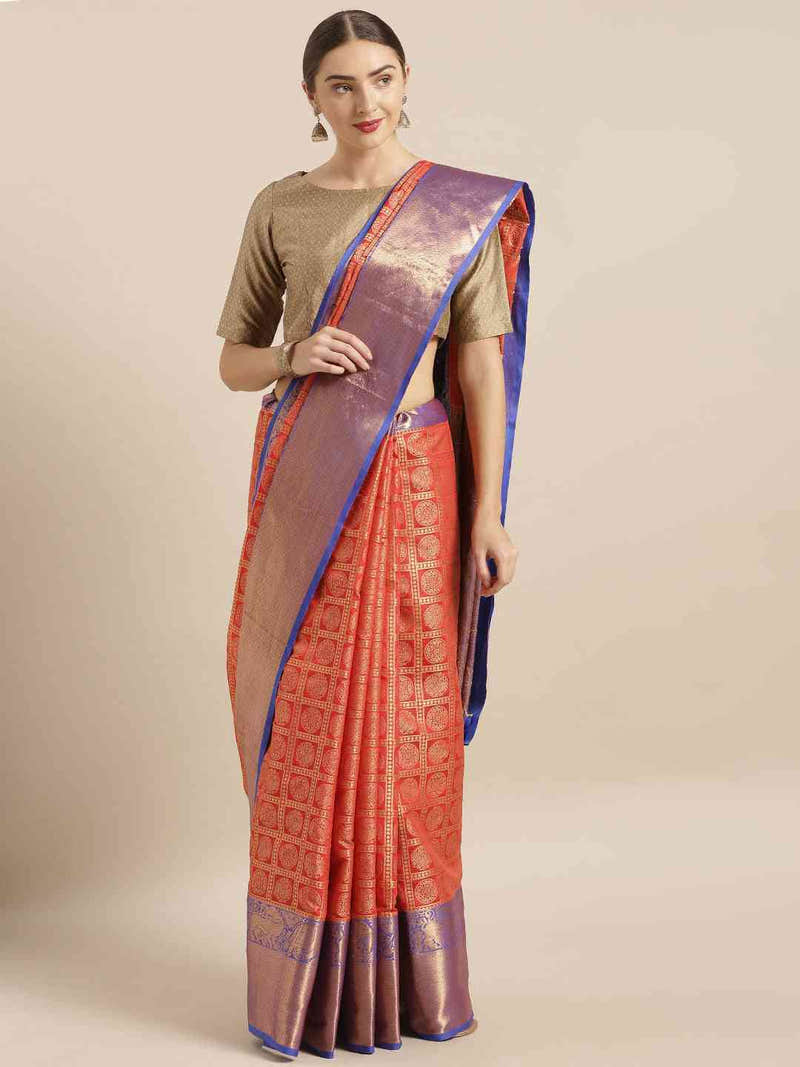 Geometric Print Red Colour Kanjivaram Silk Saree