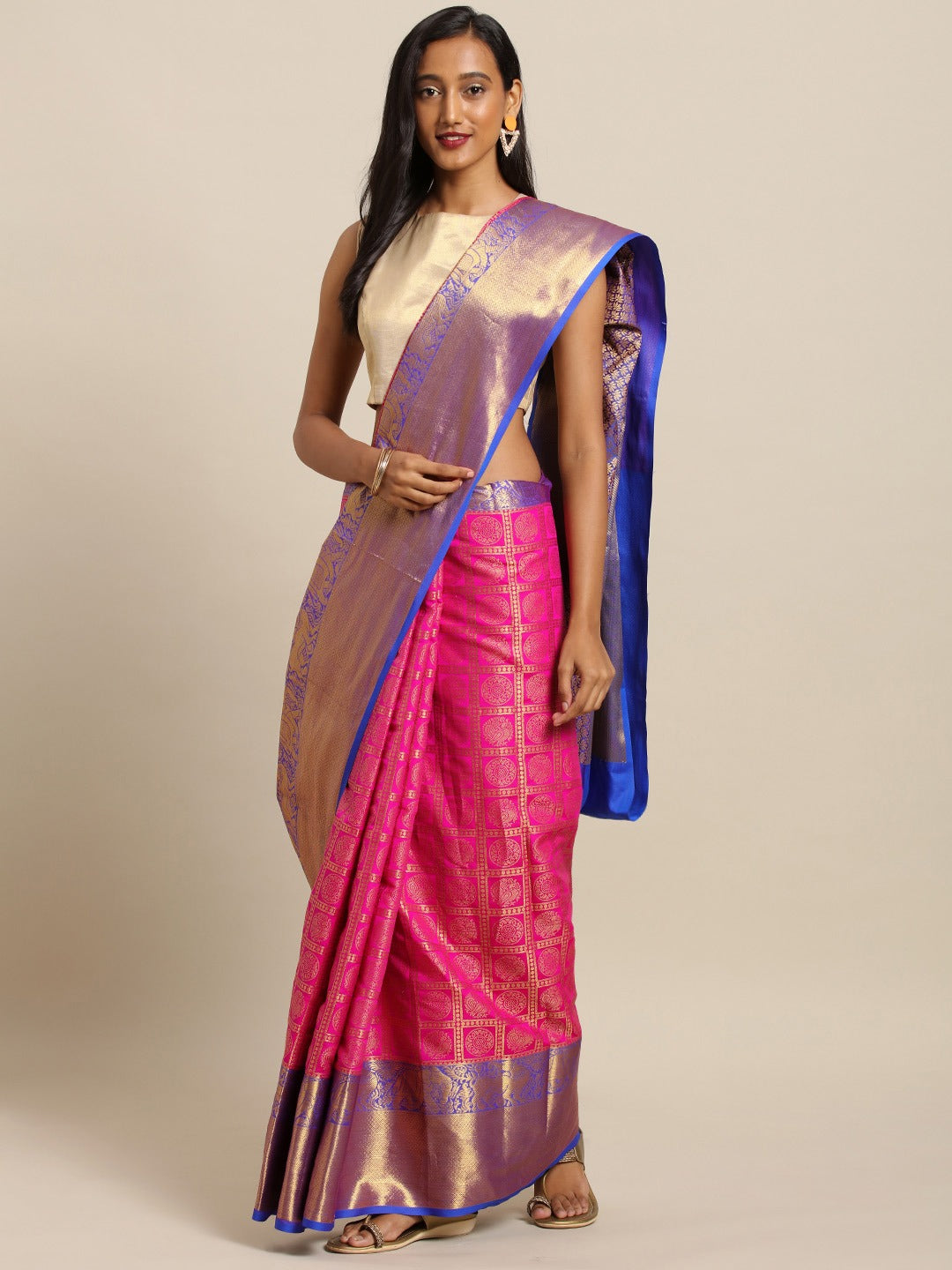 Stylish Kanjivaram Geometric Print Pink Colour Silk Saree