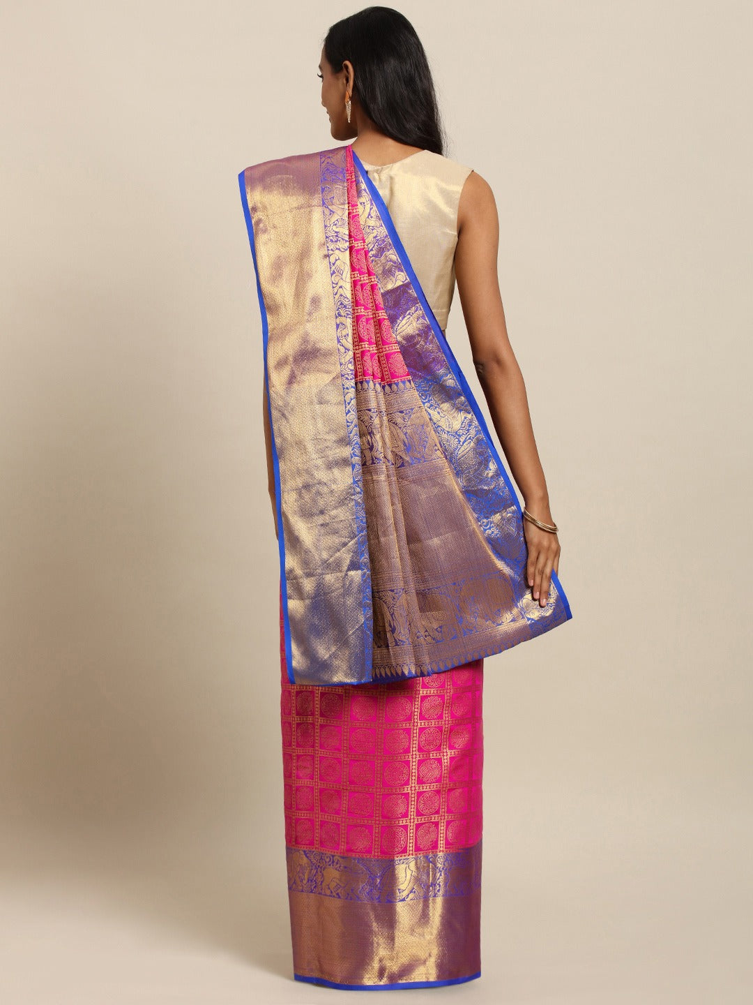 Stylish Kanjivaram Geometric Print Pink Colour Silk Saree