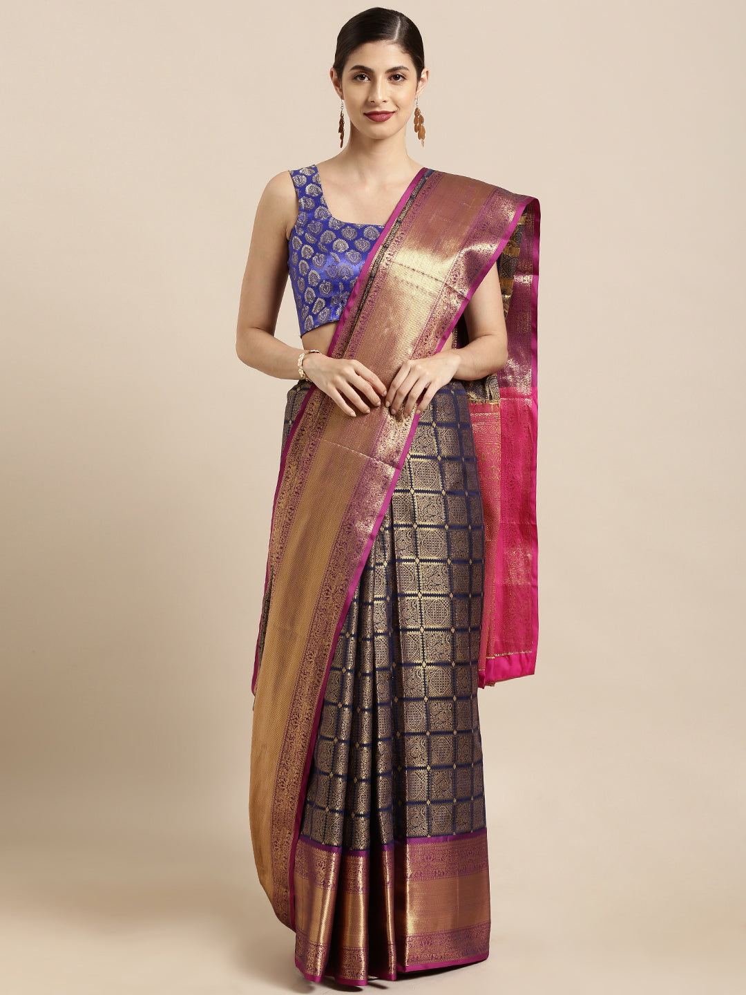 Kanjivaram Silk Saree With Checked Print in Navy Colour
