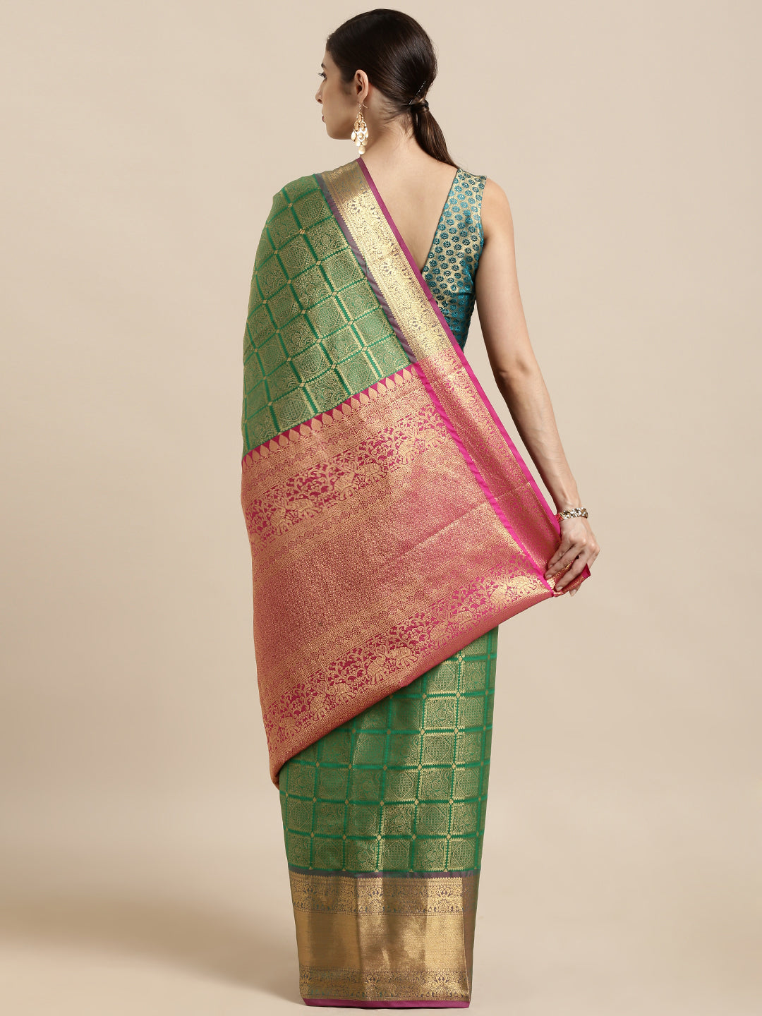  Green Colour Kanjivaram Silk Saree with Checked Print