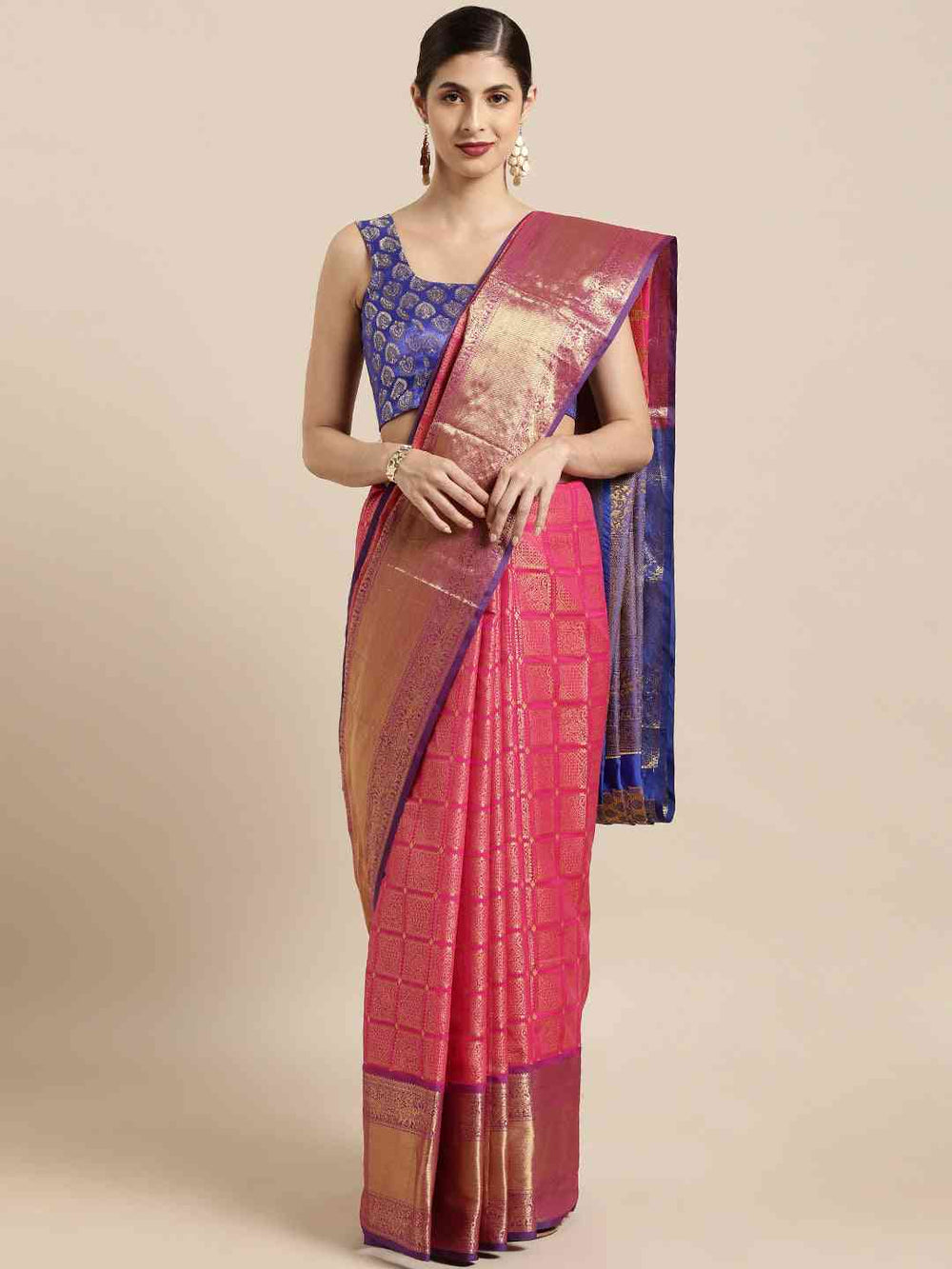 Stylish Kanjivaram Silk Saree Rani Colour with Checked Print