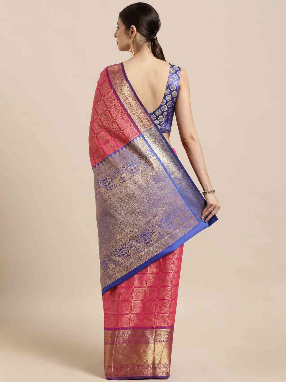 Stylish Kanjivaram Silk Saree Rani Colour with Checked Print