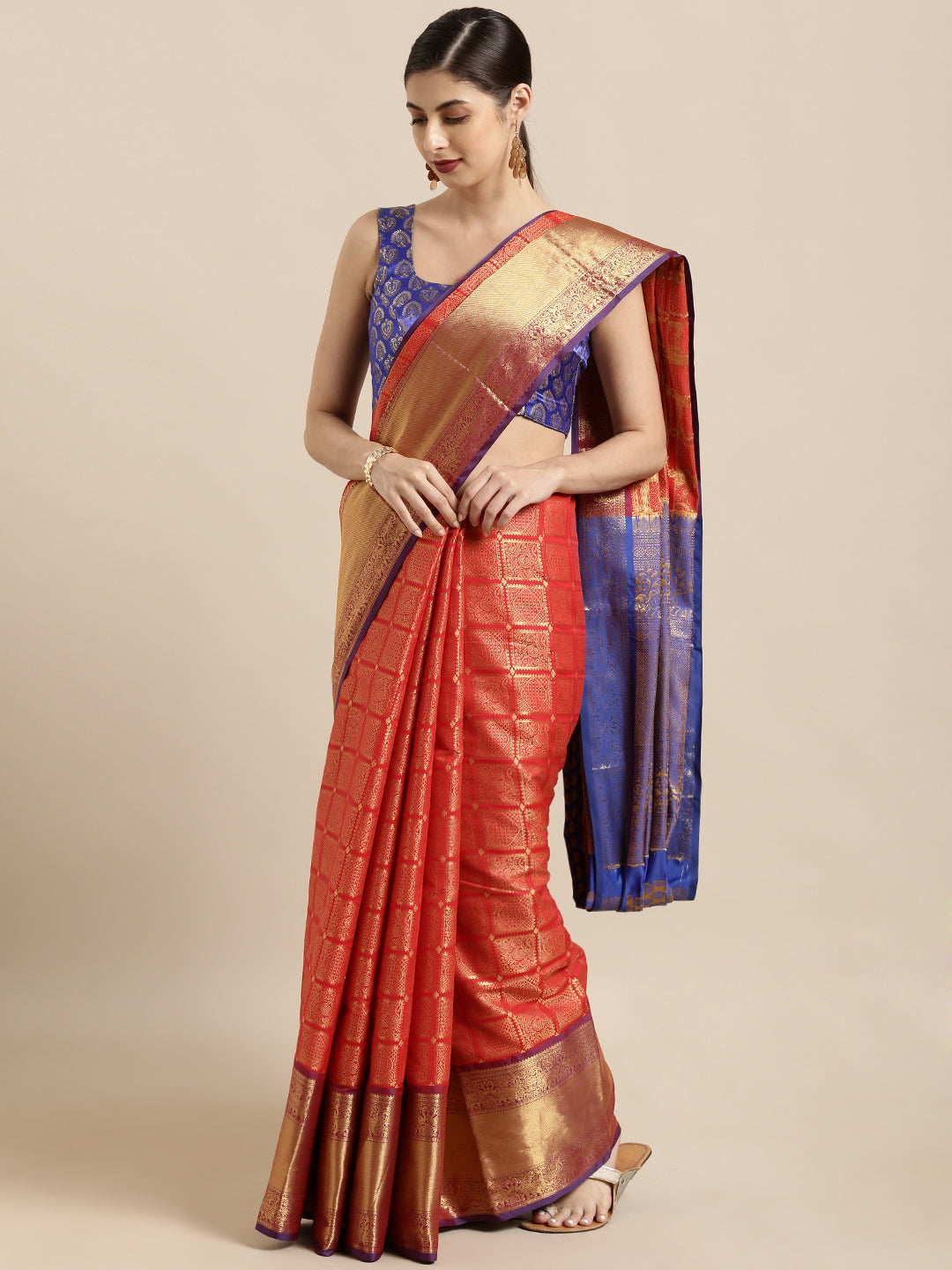  Red Colour Kanjivaram Silk Saree with Checked Print