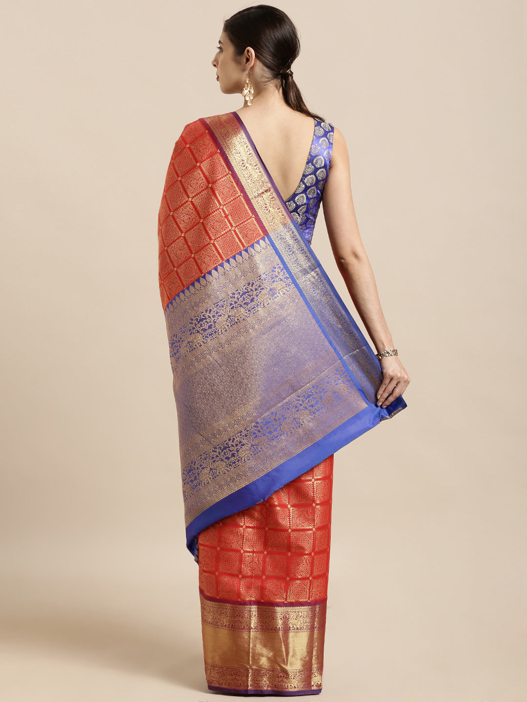  Red Colour Kanjivaram Silk Saree with Checked Print