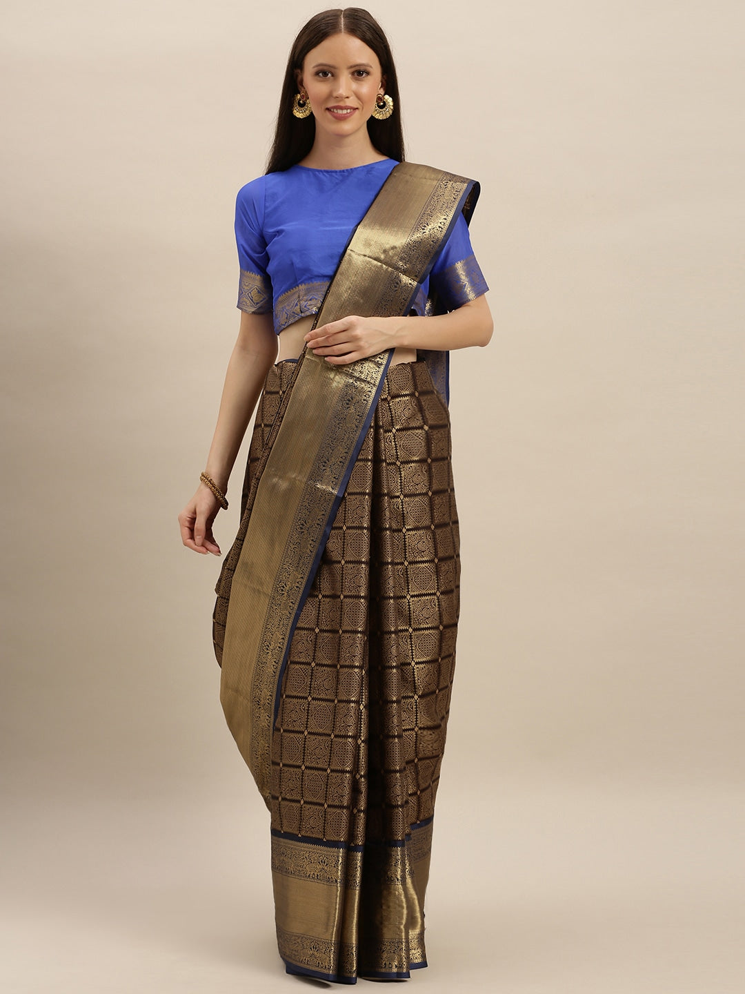 Kanjivaram Silk Saree With Checked Print in Royal Blue