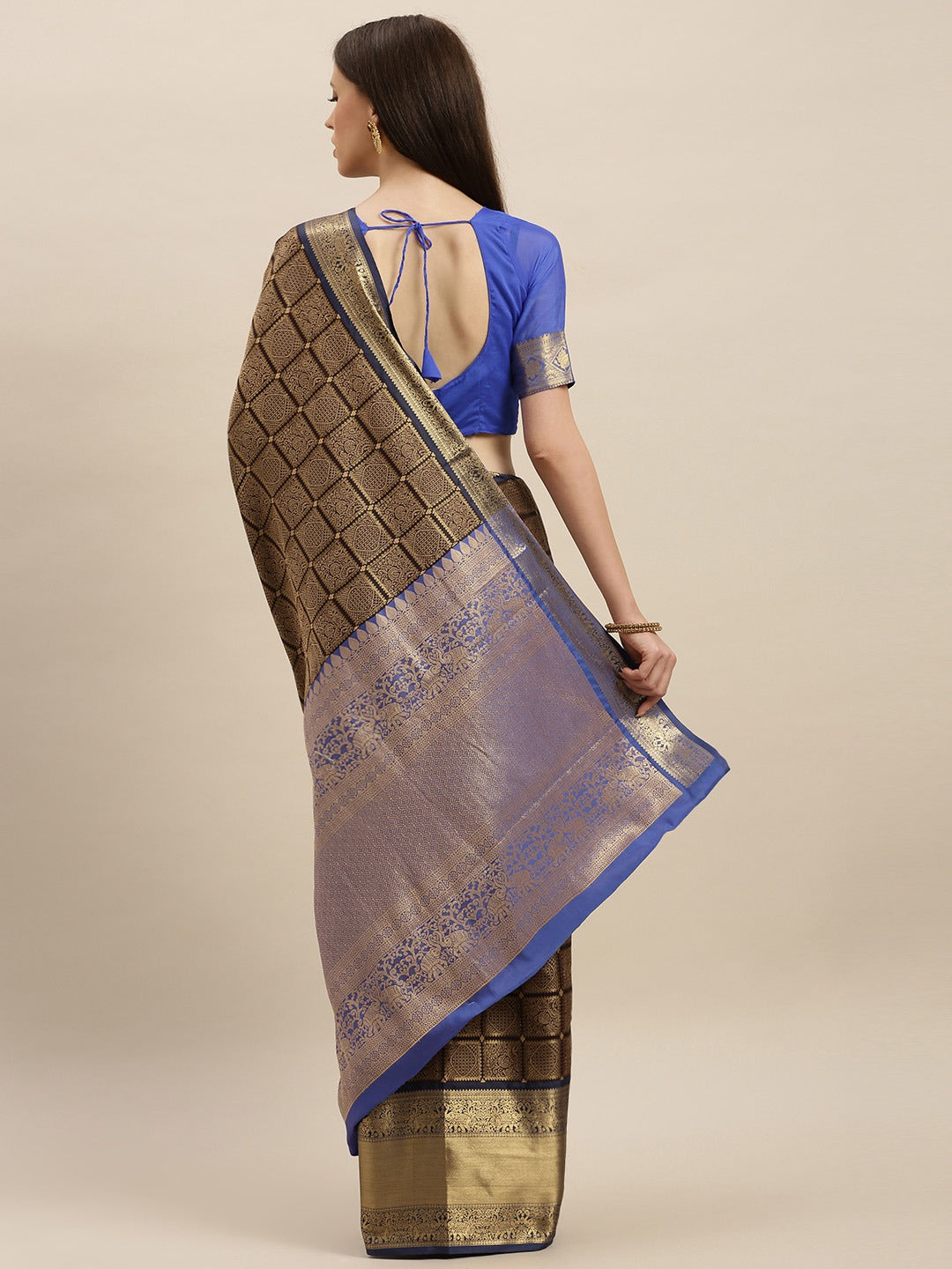 Kanjivaram Silk Saree With Checked Print in Royal Blue