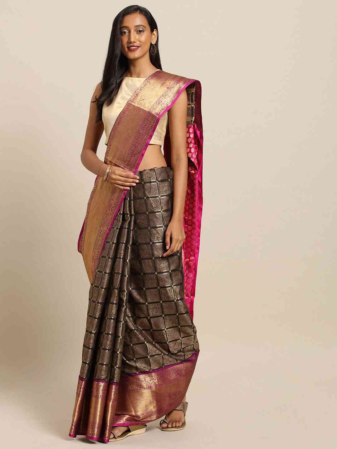 Kanjivaram Black Colour Silk Saree with Checked Print 