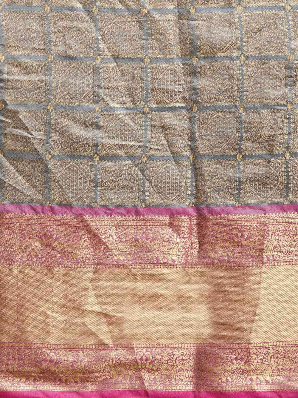 Exclusive Grey Colour Checked Print Kanjivaram Silk Saree