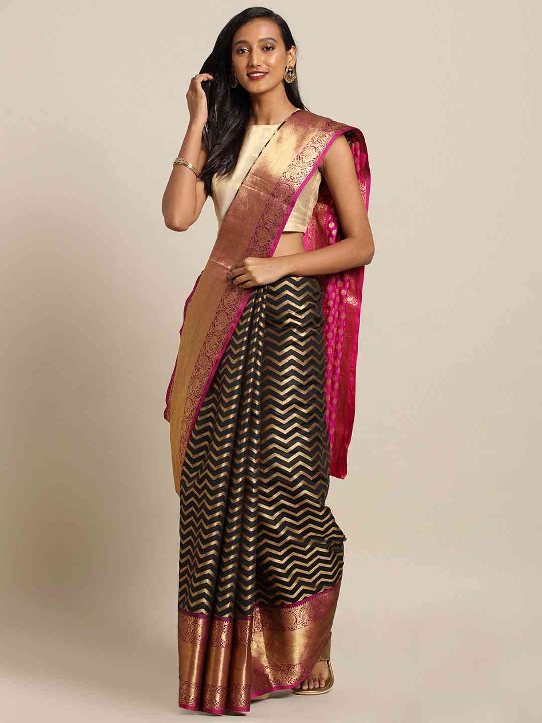 Pure Kanjivaram Silk Black Colour Geometric Print Saree