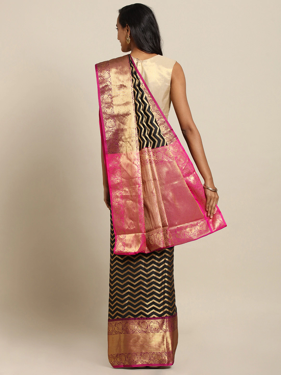 Pure Kanjivaram Silk Black Colour Geometric Print Saree