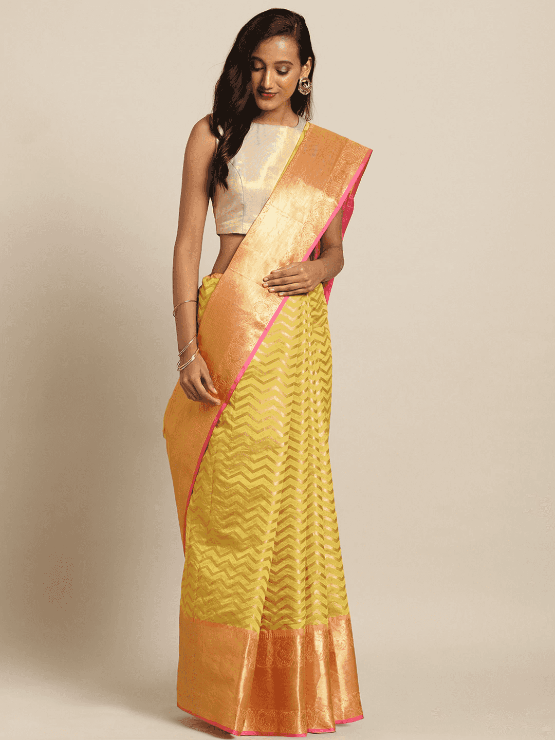 Pure Kanjivaram Silk Yellow Colour Geometric Print Saree