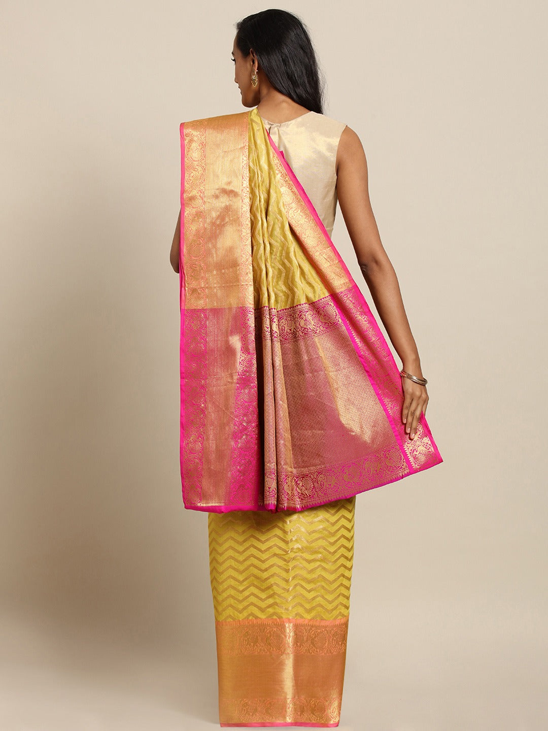 Pure Kanjivaram Silk Yellow Colour Geometric Print Saree