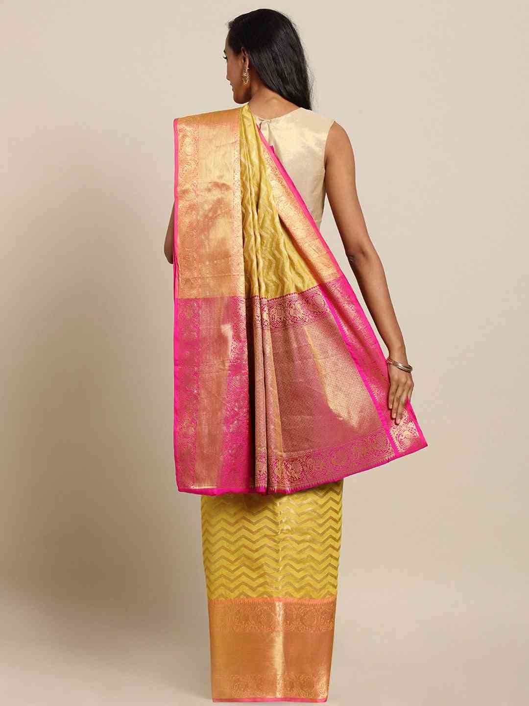 Pure Kanjivaram Silk Yellow Colour Geometric Print Saree